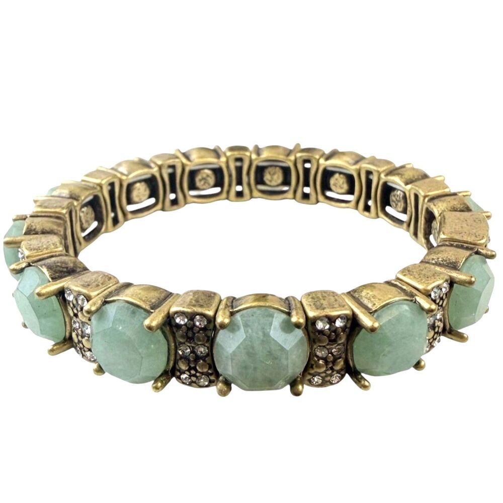 J.Crew Statement Bracelet Antique Brass Mint Green Stone Crystal Stretch Jewelry